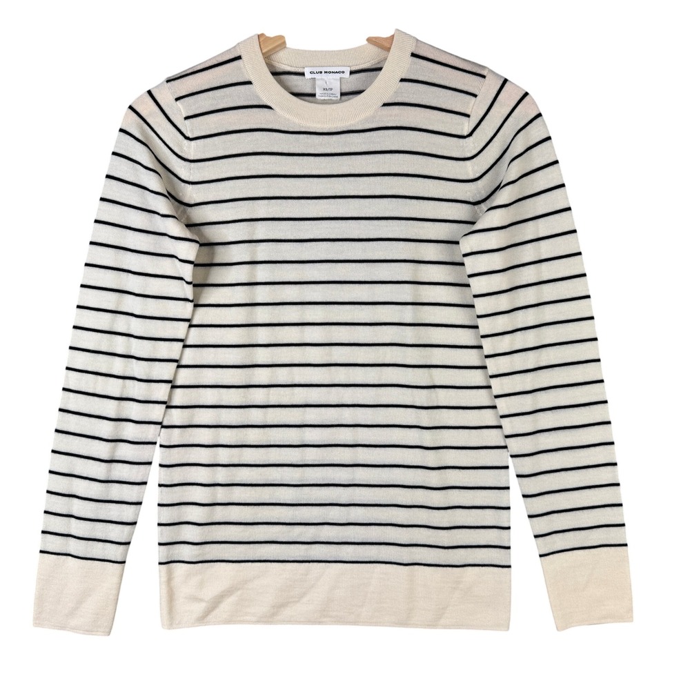 Club Monaco Striped Crewneck Sweater Merino Wool Cream Black Long Sleeve Knit XS